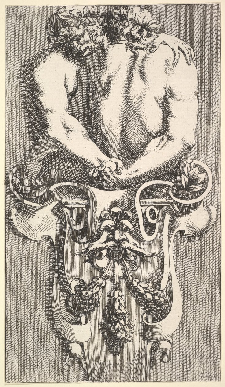 Suunnitelma termille, jossa on kaksi syleilevää satyyriä, lähde: Curieuses Recherches de Many Beaus..., 1645. tekijältä Jean le Pautre