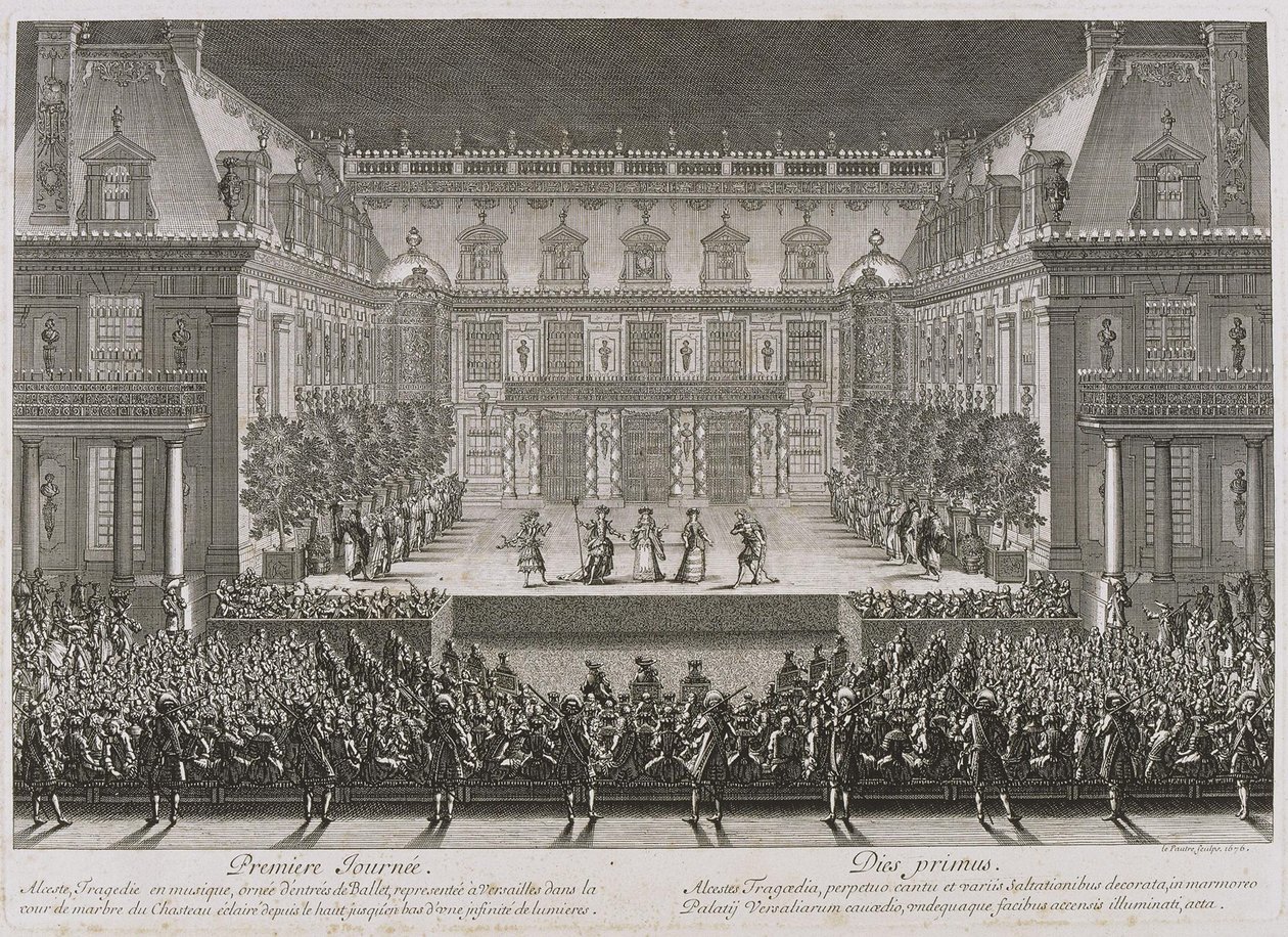 Jean-Baptiste Lullyn ooppera Alceste esitetään Versailin palatsin marmoripihalla tekijältä Jean le Pautre