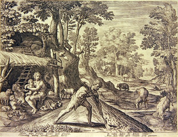 Aadam ja Eeva karkotuksen jälkeen (kaiverrus) tekijältä Jean or Johann Sadeler