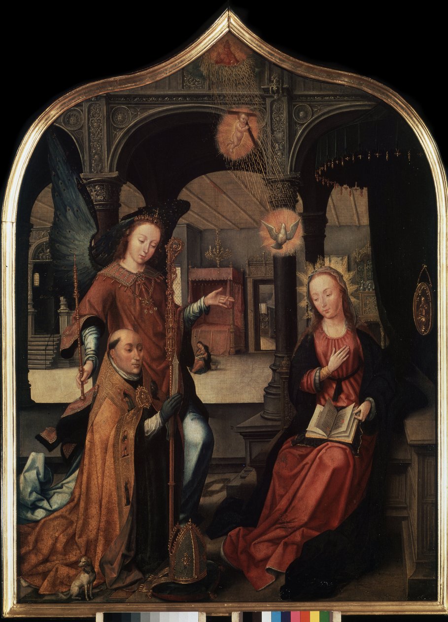""kuvaus julistuksesta Brysselin suojeluspyhimyksen Guillaumen kanssa"" Julistuksen triptyykin keskipaneeli (The Annunciation). Jean Bellegambe vanhemman (1470-1534) maalaus puulle Pietari, Eremitaaši tekijältä Jean the Elder Bellegambe