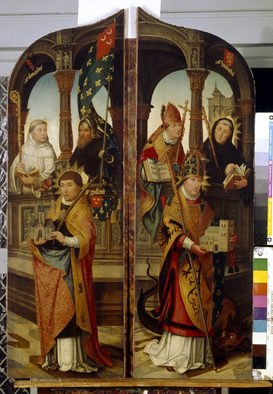 Saint Trond ja Saint Guillaume. Triptyykin kiinteät paneelit (Saint Trudo ja Saint Guillaume. Triptyykin kaksi sivupaneelia). Jean (Jehan) Bellegamben (Belgamb, Belgand) maalaus (1470-1534), öljy kankaalle tekijältä Jean the Elder Bellegambe