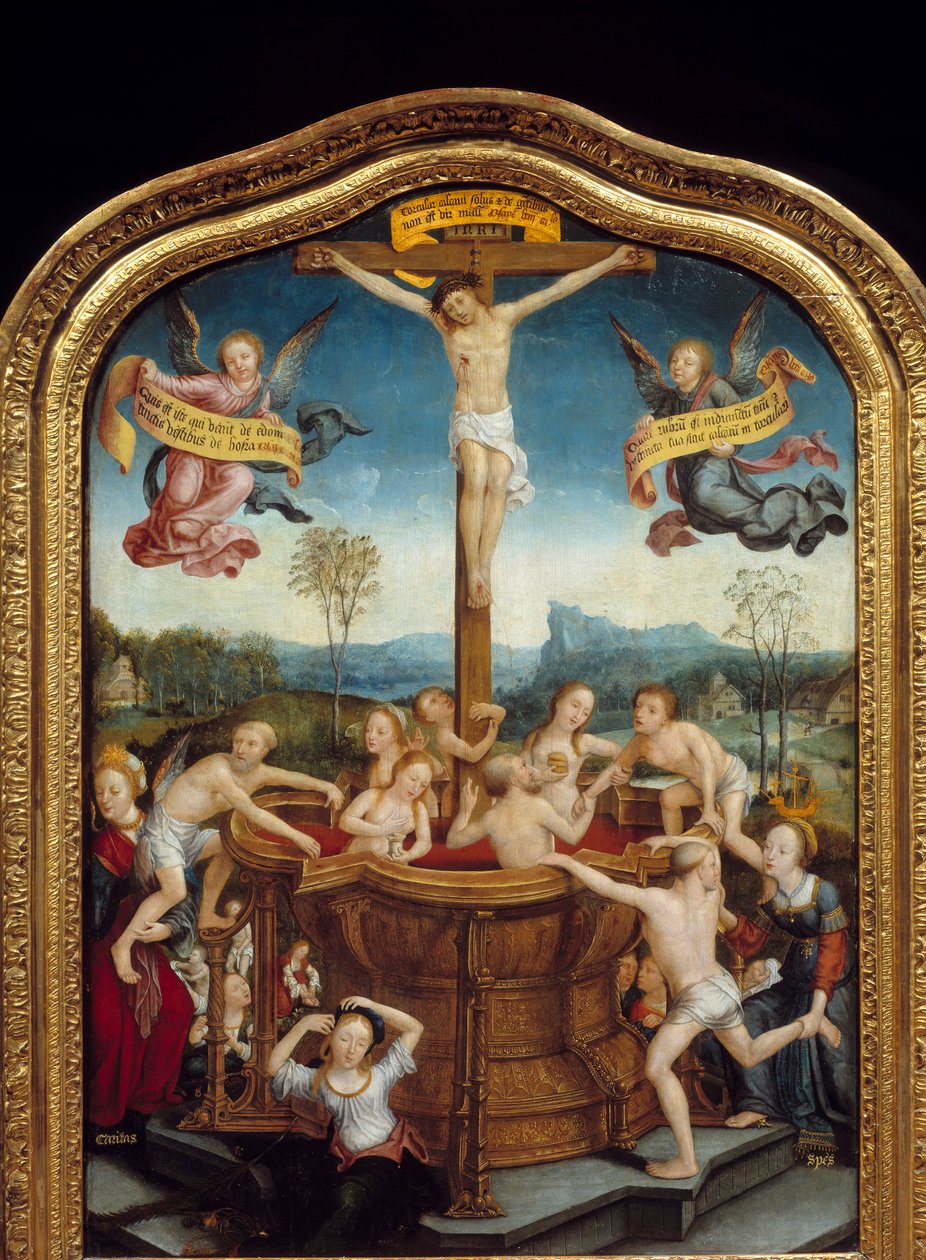 Mystinen kylpy. Ristin juurella, jolle Kristus ristiinnaulitaan, miehet ja naiset kylpevät Messiaan ruumiin veren lähteessä. Triptyykin keskiosa. Jean Bellegambe vanhemman (1470-1535) maalaus puulle 1510-1520 su. 0,81x0 tekijältä Jean the Elder Bellegambe