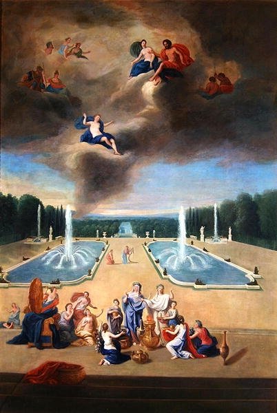 Versaillesin lehdot. Näkymä vesiparterille ja eläinten kaappeihin, papittaret valmistelemassa uhria Venukselle tekijältä Jean the Younger Cotelle