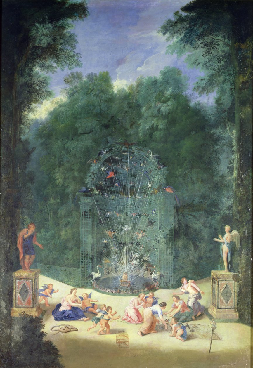 Versaillesin lehdot: Näkymä sokkelon sisäänkäynnistä lintujen, nymfien ja kerubien kanssa, 1688 tekijältä Jean the Younger Cotelle
