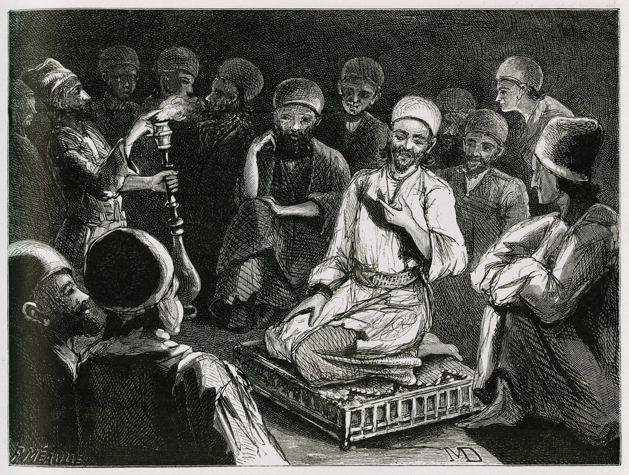 Persialainen tarinankertoja ympäröi yleisönsä. Matkustaja-kirjailijan kaiverrus havainnollistamaan tarinaa "" Persia, Kaldea ja Susiane"" tekijältä Jeanne Dieulafoy