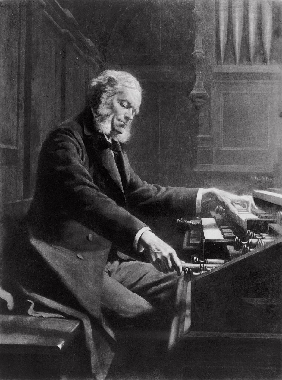 Cesar Franck urkujen konsolissa St. Clotilden basilikassa, Pariisissa, 1885 tekijältä Jeanne Rongier