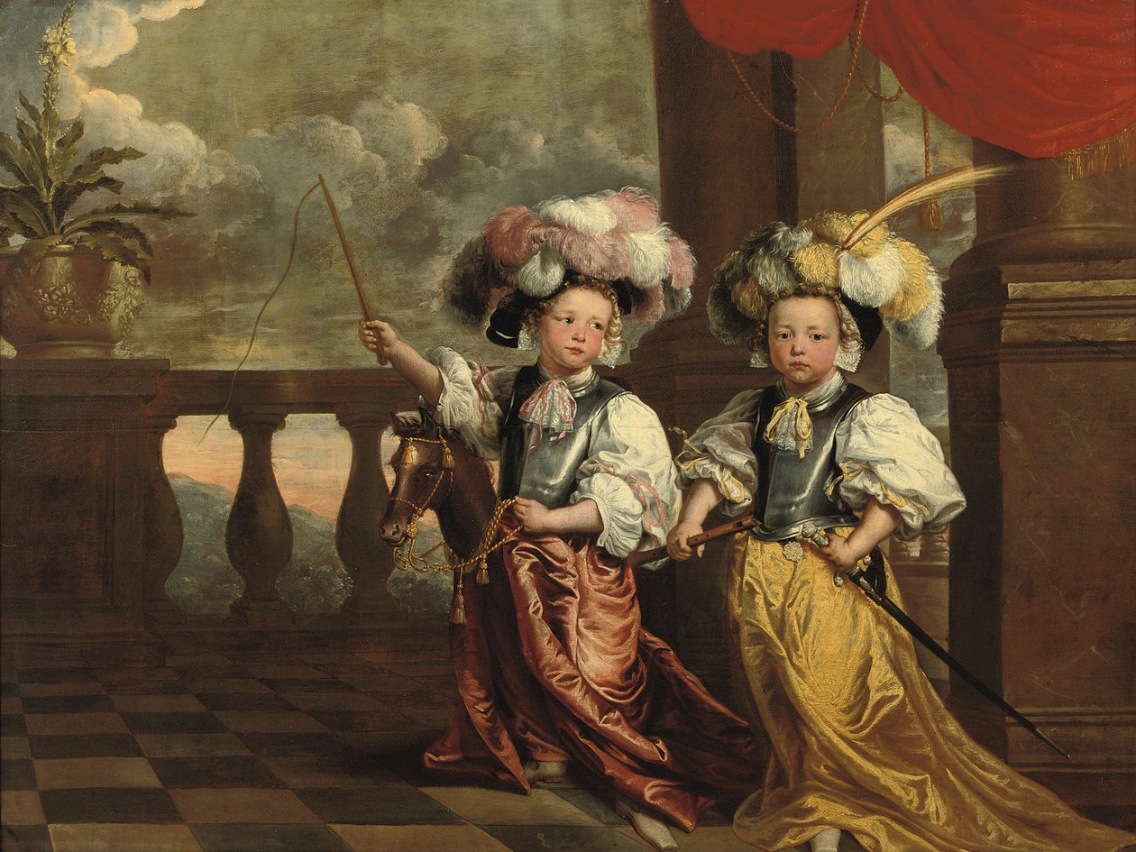 Kaksoismuotokuva kahdesta pojasta, täyspitkä, ritaripukeutunut, toisella huilu, toisella harrastushevosella piiska, molemmat seisovat parvekkeella, 1668 tekijältä Jeanne Vergouwen