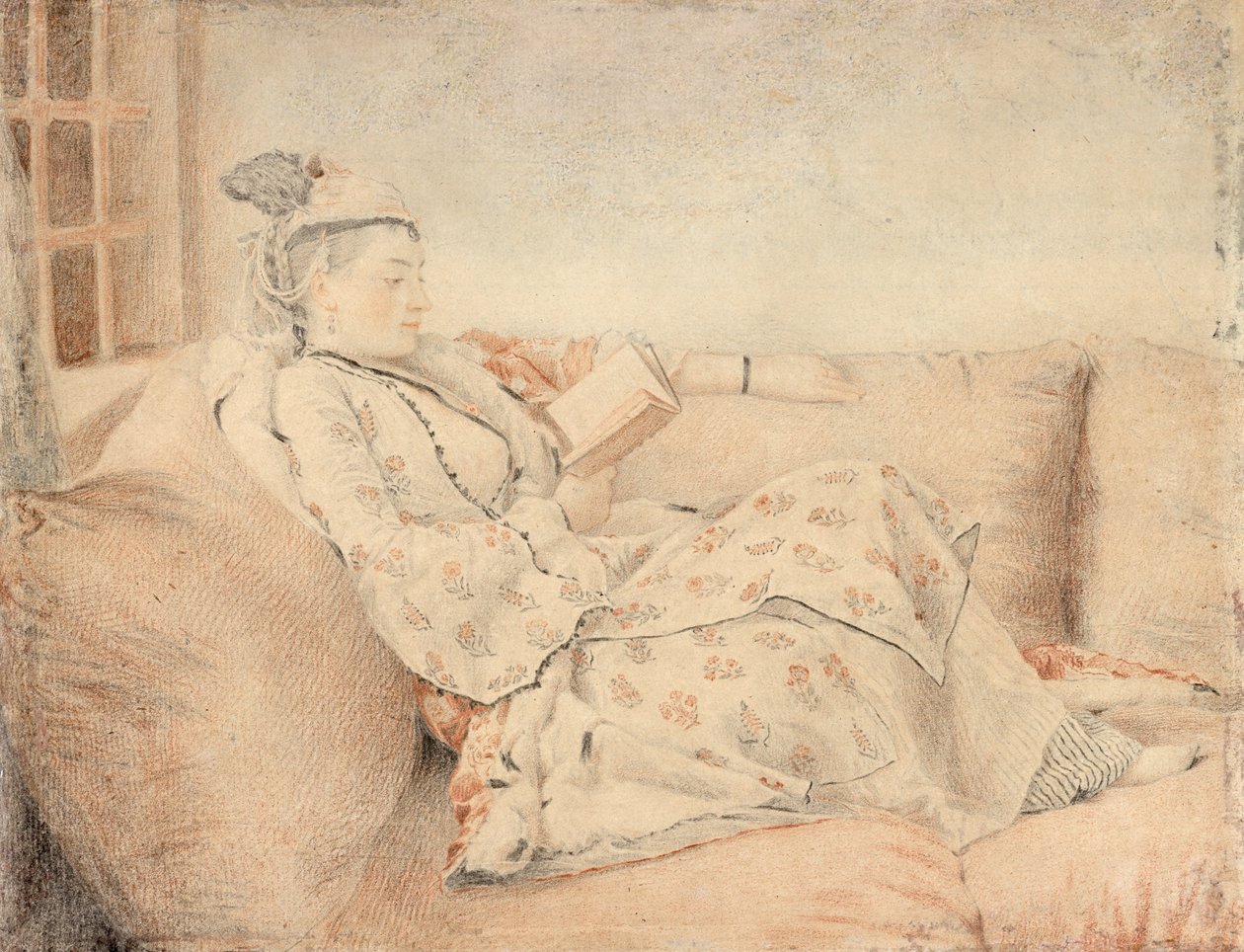 Nainen turkkilaisessa mekossa, lukee tekijältä Jean Étienne Liotard