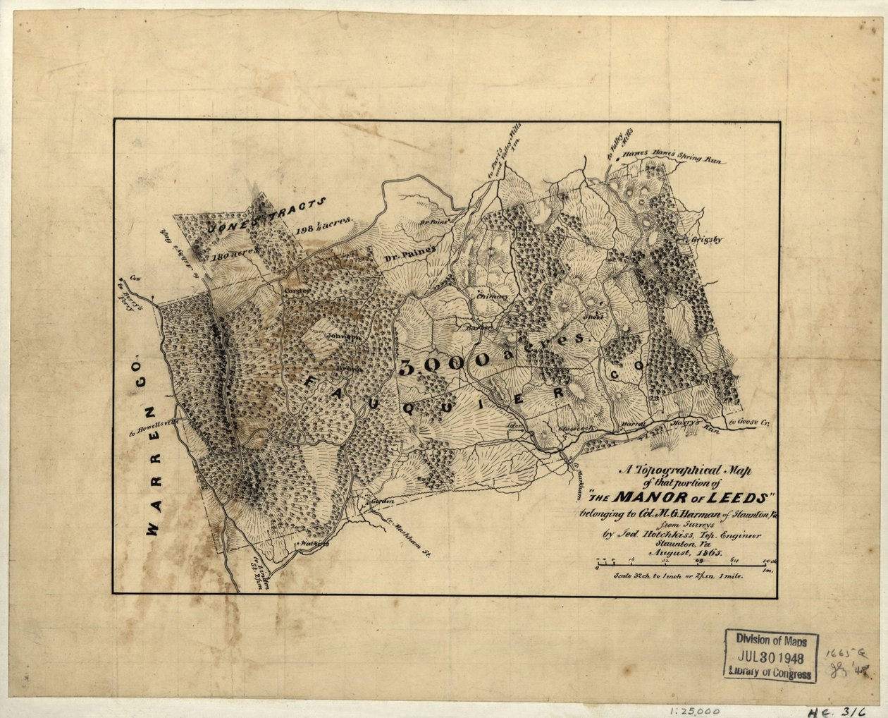 Topografinen kartta siitä osasta "Leedsin kartanoa", joka kuuluu eversti M.G. Harmanille Stauntonista, Va. LOC 2005625200 tekijältä Jedediah Hotchkiss