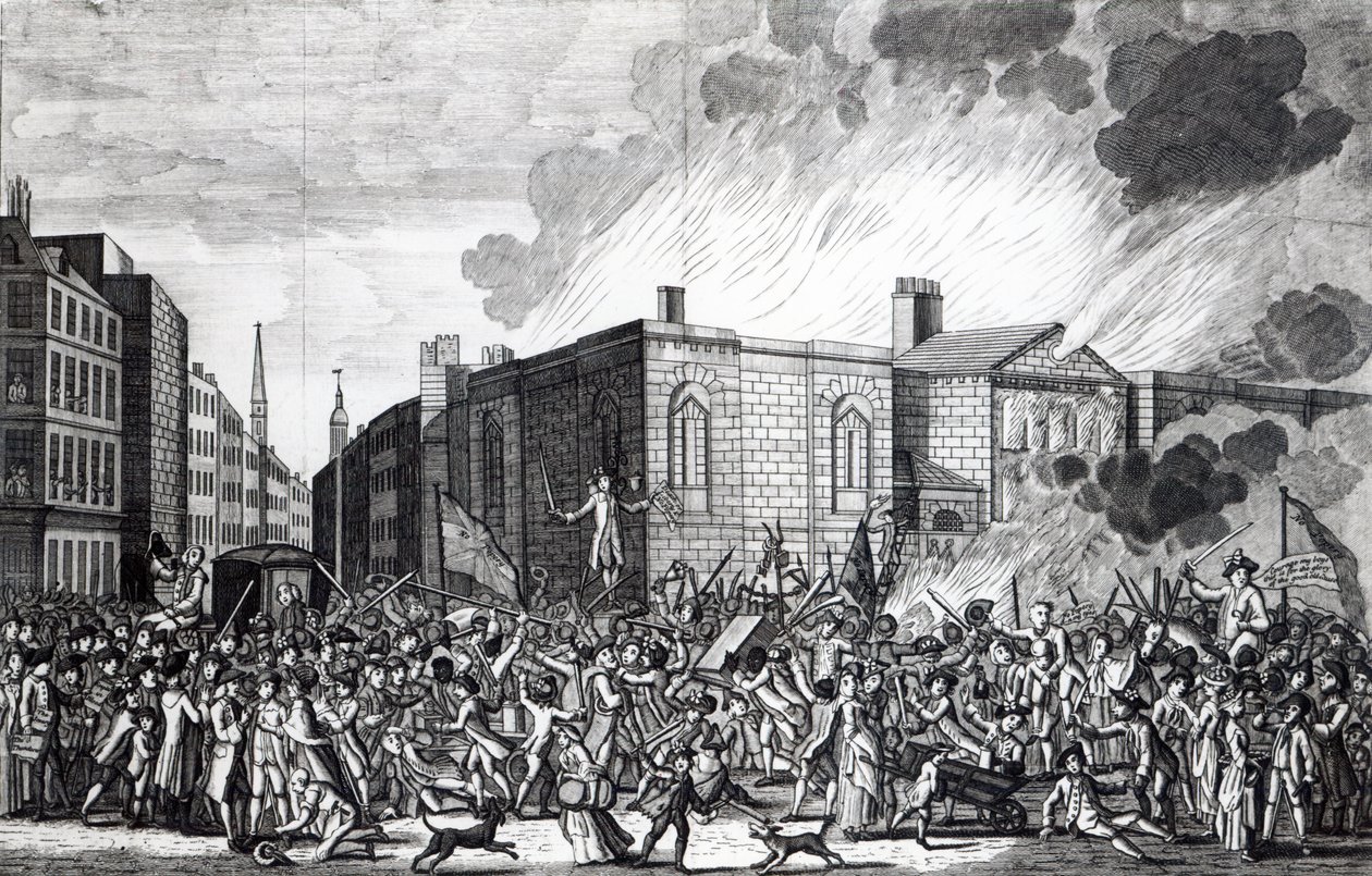 Tarkka esitys Newgaten polttamisesta, ryöstöstä ja tuhosta mellakoijien toimesta ikimuistoisena 7. kesäkuuta 1780, kaivertanut Henry Roberts, 1781 tekijältä Jefferyes Hammett O