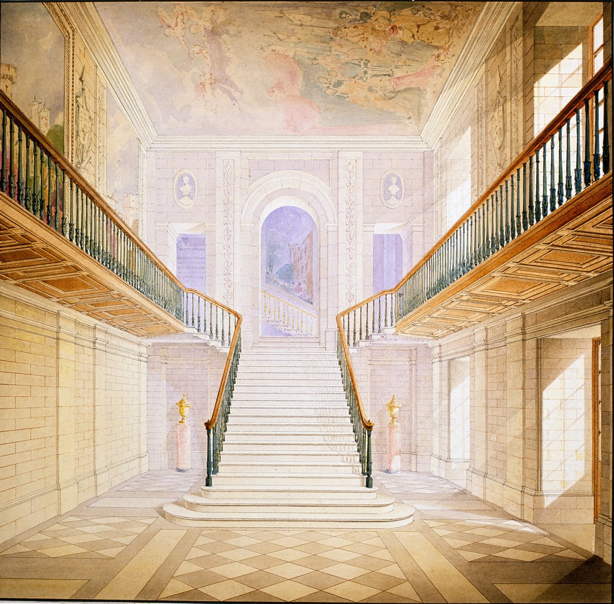Suunnittelu portaikkoon Painted Hallissa, Chatsworth (akvarelli paperille) tekijältä Jeffry Wyatville