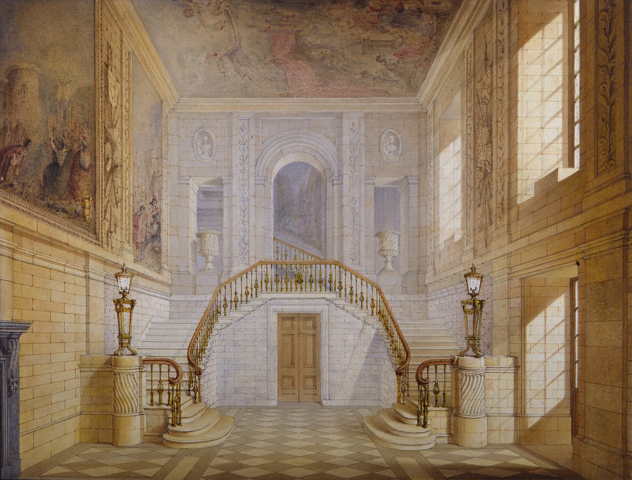 Suunnittelu portaikkoon Painted Hallissa, Chatsworth (akvarelli paperille) tekijältä Jeffry Wyatville