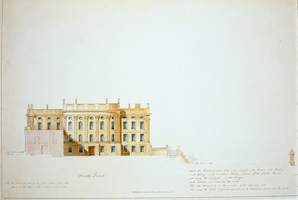 Suunnittelu North Elevationille, Chatsworth House (akvarelli paperille) tekijältä Jeffry Wyatville
