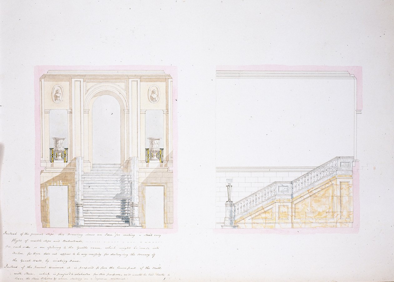 Suunnittelu Painted Halliin, Chatsworth (akvarelli paperille) tekijältä Jeffry Wyatville