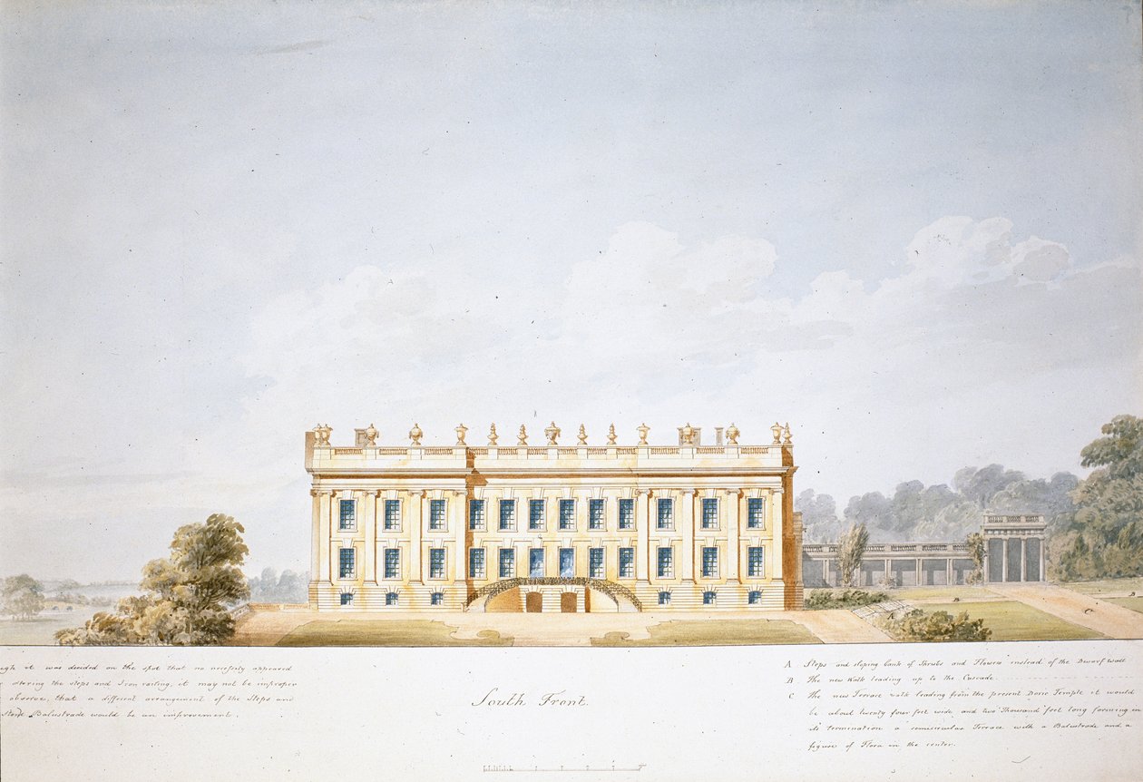 Suunnittelu etelärintamalle, Chatsworth House (akvarelli paperille) tekijältä Jeffry Wyatville