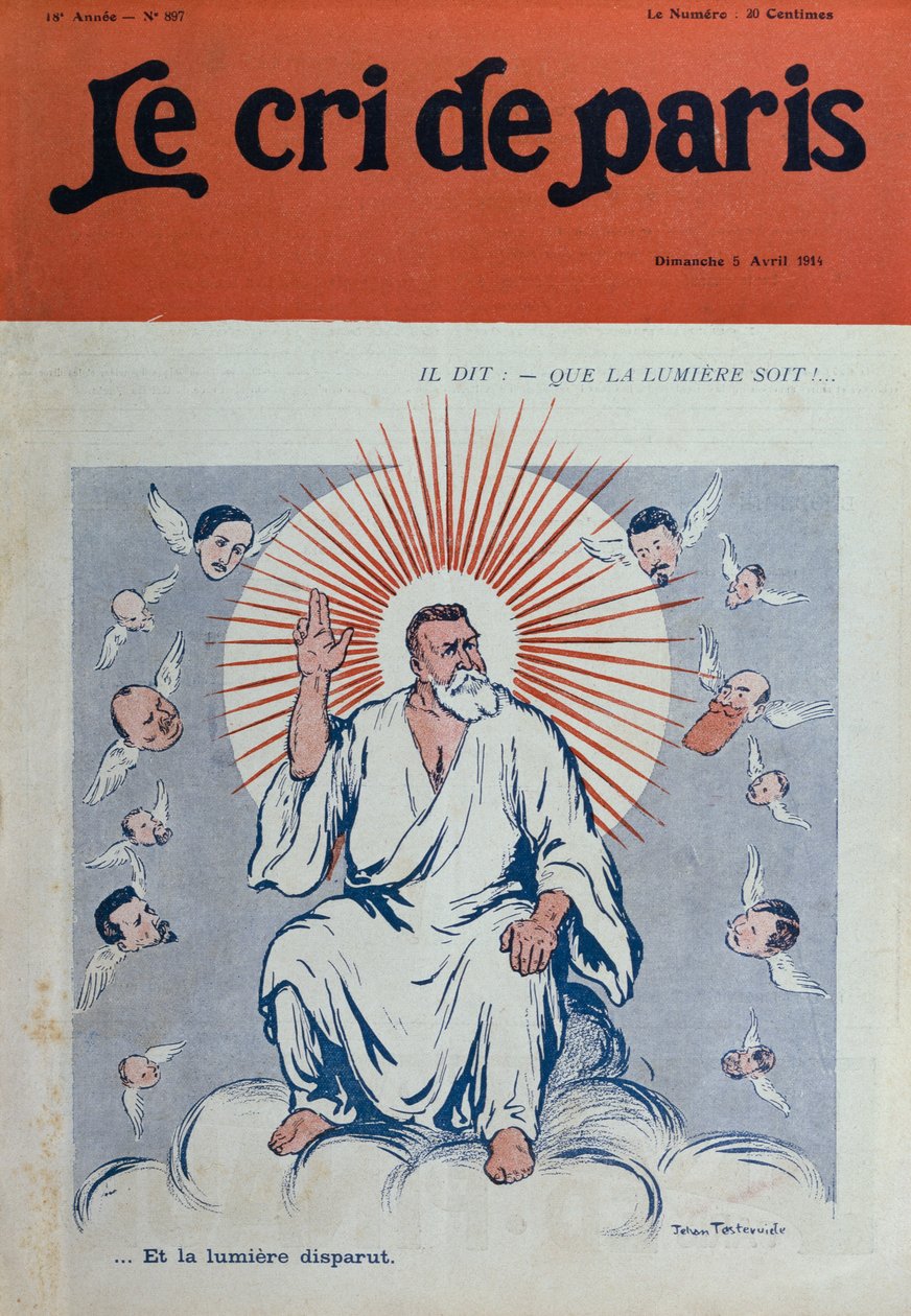 Karikatyyri Jean Jauresista Isäjumalana, etukannen kuvitus Le Cri de Parisista, 5. huhtikuuta 1914 tekijältä Jehan Testevuide