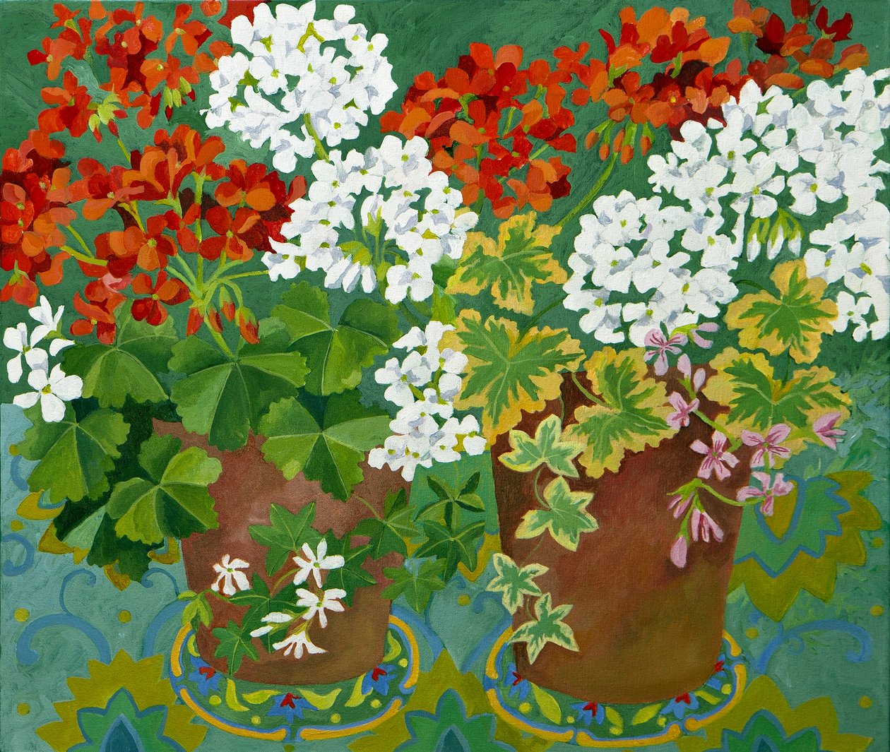 Punaisia ja valkoisia geraniumeja ruukuissa, 2013 (akryyli kankaalle) tekijältä Jennifer Abbott