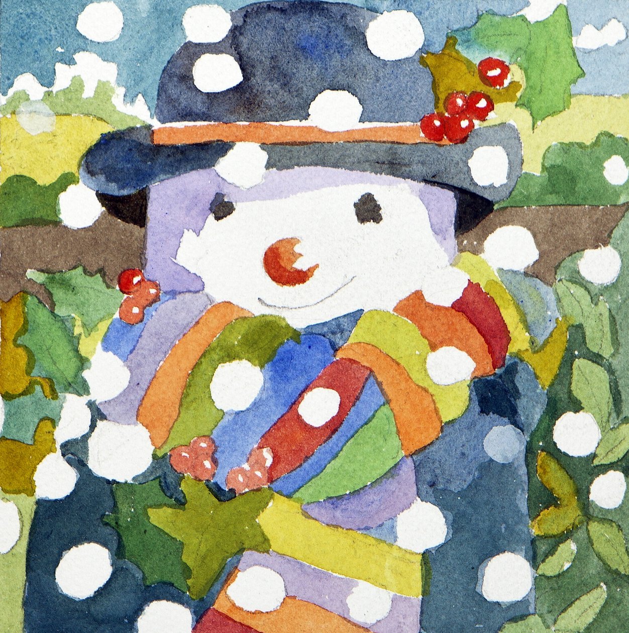 Lumiukko lumessa, 2011 (akvarelli) tekijältä Jennifer Abbott
