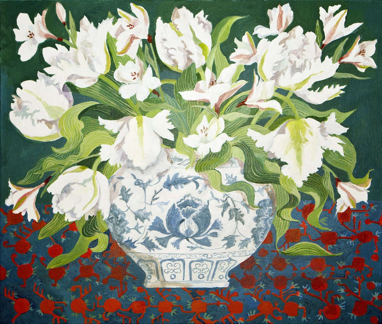 Valkoiset tuplatulppaanit ja alstroemeriat, 2013 (akryyli kankaalle) tekijältä Jennifer Abbott