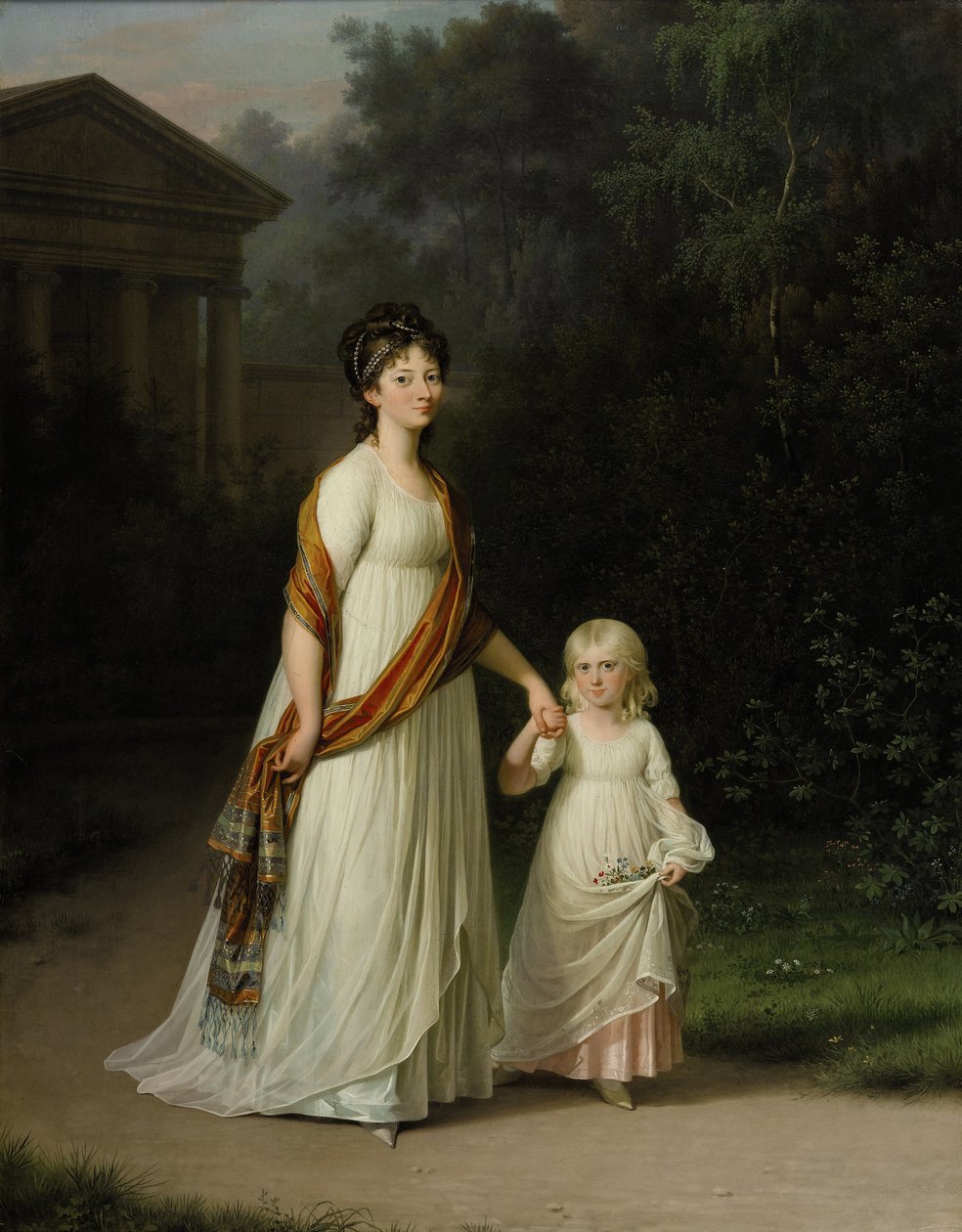 Kruununprinsessa Marie Sophie Frederikke ja hänen tyttärensä prinsessa Caroline kävelyllä romanttisessa puistossa tekijältä Jens Juel