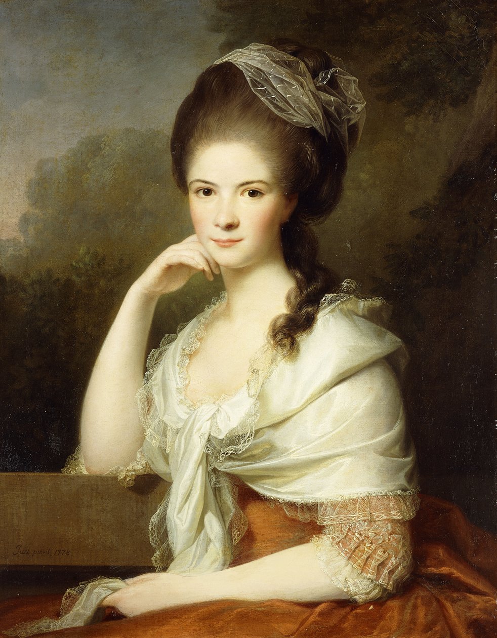 Naisen muotokuva, istuu puolipitkänä, yllään ruskea mekko ja valkoinen huivi, 1778 tekijältä Jens Juel