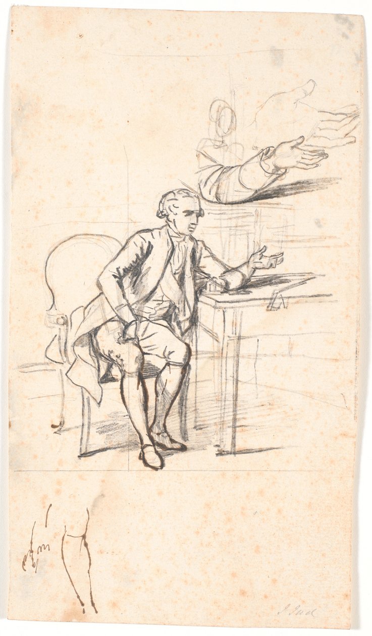 Tutkimus Holmskioldin perheen muotokuvaa varten vuodelta 1787: salainen neuvosto. Theodor Holmskiold istuu pöydässä tekijältä Jens Juel