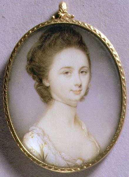 Muotokuvaminiatyyri naisesta valkoisessa puvussa, n. 1780-85 (akvarelli norsunluun päälle). tekijältä Jeremiah Meyer