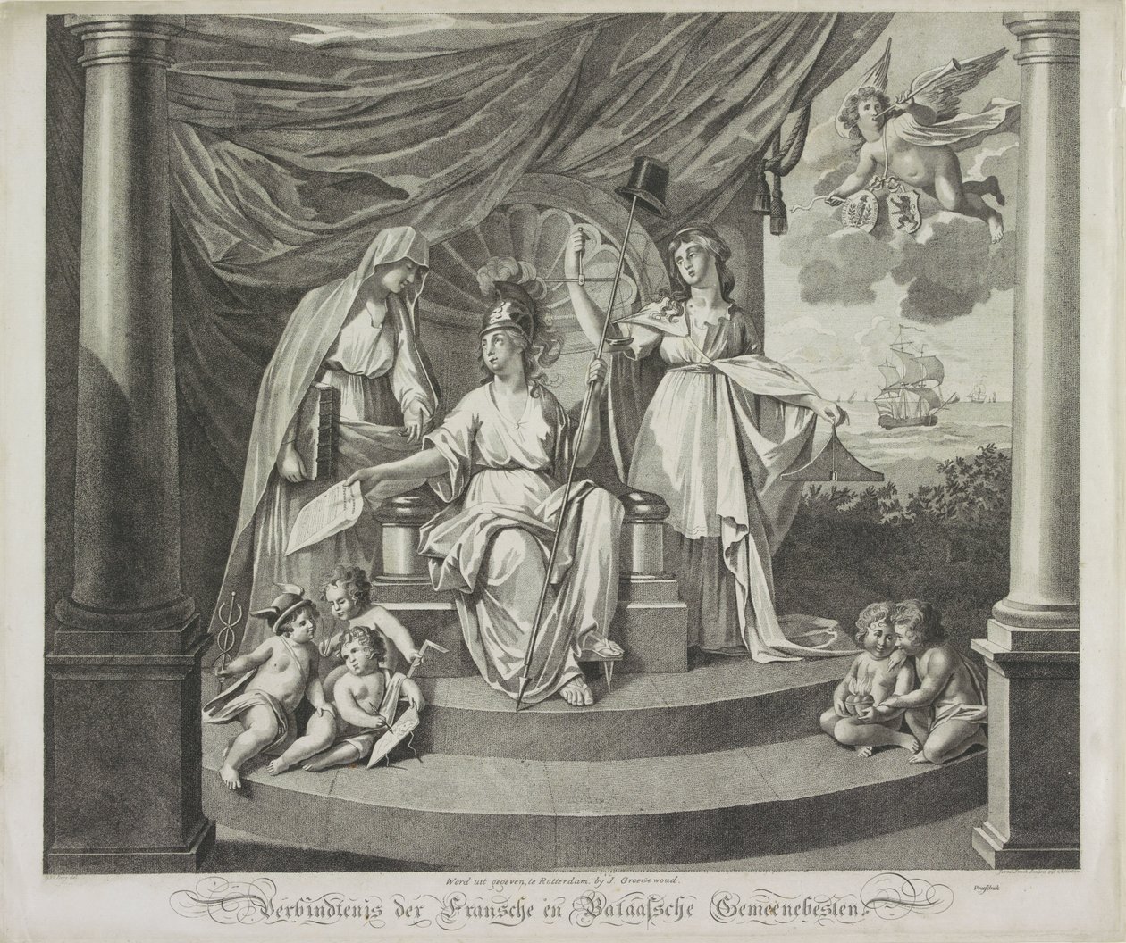 Allegoria liitosta Ranskan kanssa, 1795 Ranskan ja Batavian kansainyhteisön yhteys (otsikko esineessä) tekijältä Jeremias Snoek