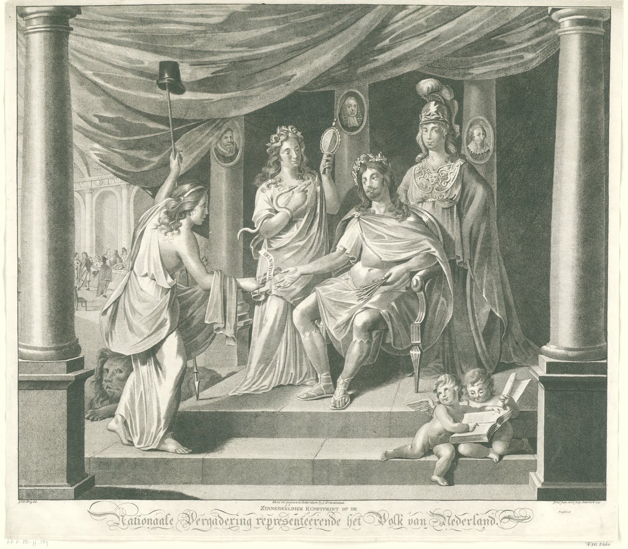 Allegoria kansalliskokouksesta, 1796 Symbolinen taidevedos Alankomaiden kansaa edustavassa kansalliskokouksessa (otsikko esineessä) tekijältä Jeremias Snoek