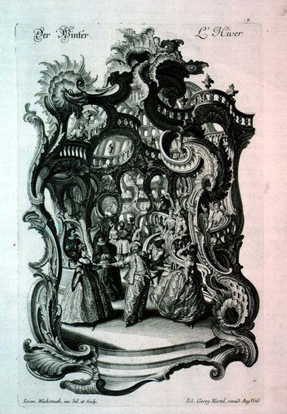 Winter, rococo music sheet na naglalarawan ng isang magarbong damit na bola, pub. ni Johann Georg Hertelfinn tekijältä Jeremias Wachsmuth