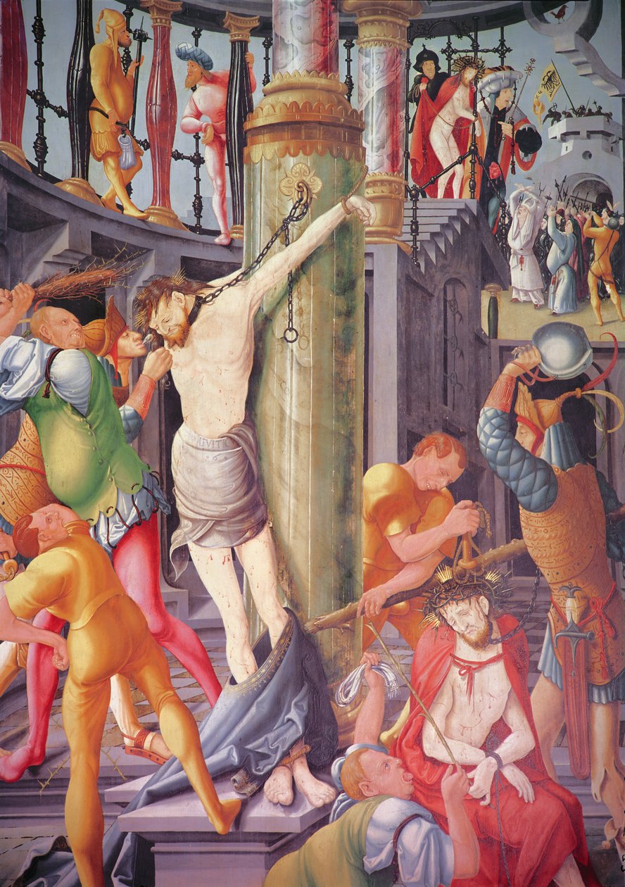 Kristuksen pilkkaaminen, Herrenbergin alttaritaulusta, 1521 tekijältä Jerg Ratgeb
