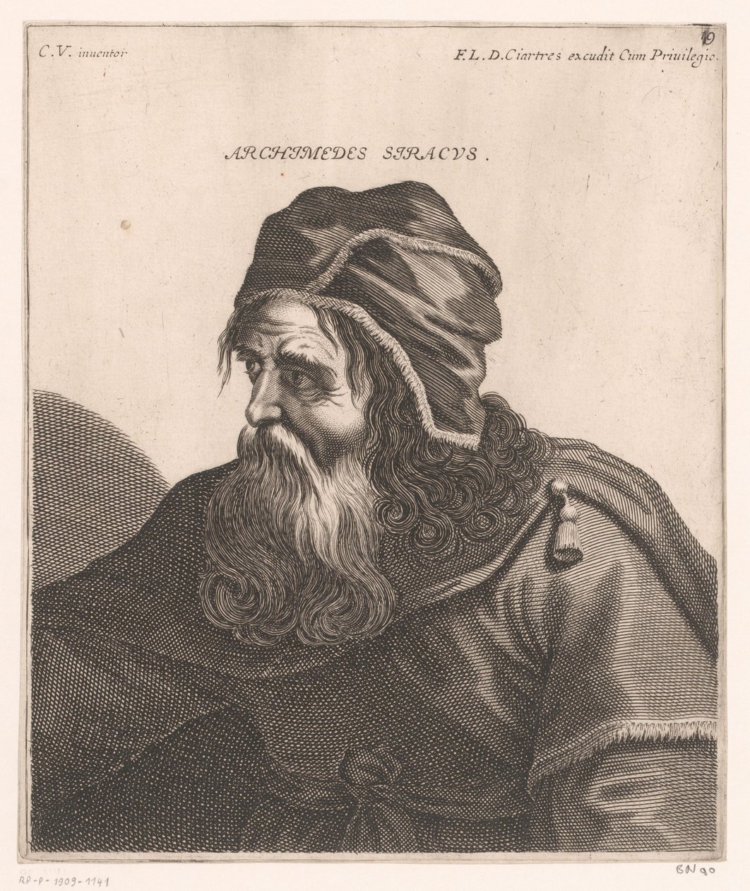 Archimedesin muotokuva Archimedes Syracuse. (otsikko esineessä) Filosofien ja kuninkaiden rintakuvat (sarjan nimi) tekijältä Jerôme David (attributed to)