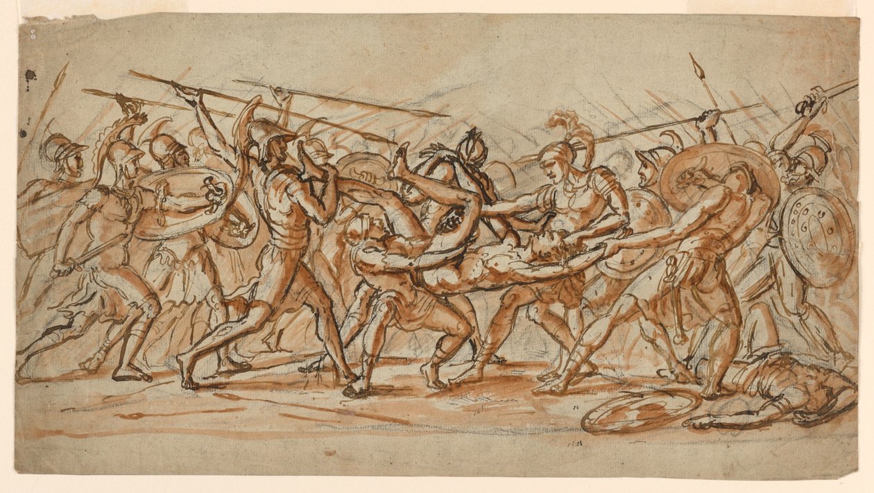 Piirros, Taistelu Patroklosin ruumiista, n. 1810. tekijältä Jérôme Martin Langlois