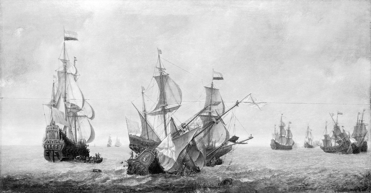 Etualalla vasemmalla Eendracht-alus, joka purjehtii Alankomaiden lipun alla. Jeronimus van Diestin (noin 1631-1675) öljy kankaalle 1600-luvun puolivälissä. tekijältä Jeronimus van Diest