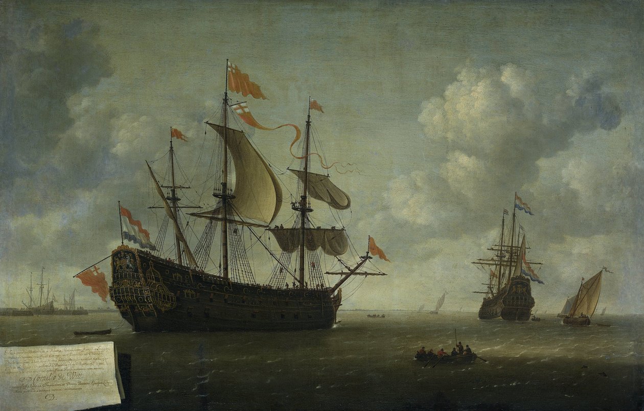 Kuninkaallisen Kaarlen saapuminen Englannin lippulaivan "Royal Charles" saapuminen Hellevoetsluisiin, vangittu Hollannin hyökkäyksen aikana Medwaylla kesäkuussa 1667 tekijältä Jeronymus van Diest (II)