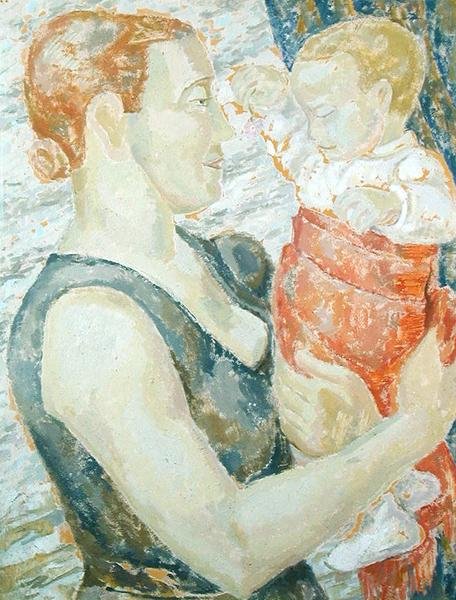 Äiti ja lapsi, n. 1932 (öljy gessolevylle) tekijältä Jessica Stewart Dismorr