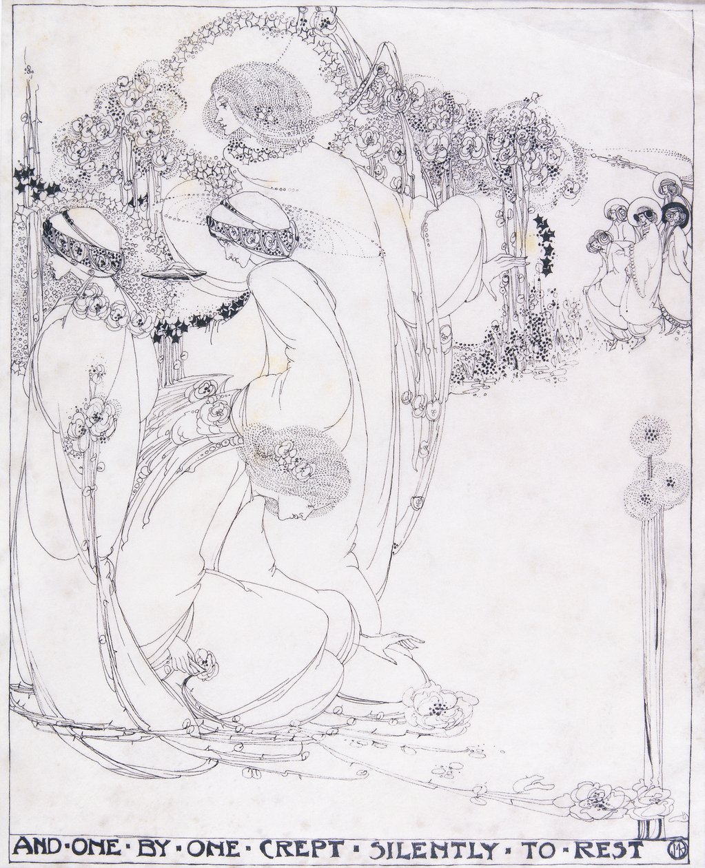 Ja yksi kerrallaan hiipi hiljaa lepäämään, n. 1902-3 (kynä ja musta muste velumilla) tekijältä Jessie Marion King