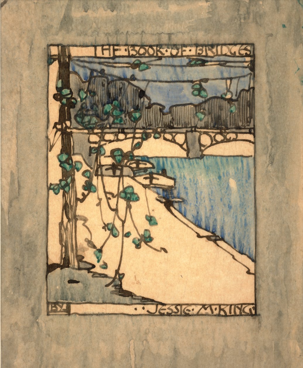 Etukappale "The Book of Bridges", n. 1911 (akvarelli ja muste paperille) tekijältä Jessie Marion King