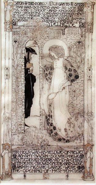 Idleness, Chaucerin teoksesta The Romaunt of the Rose (n. 1342-1400) (muste ja kultamaali perunakalvolle) tekijältä Jessie Marion King