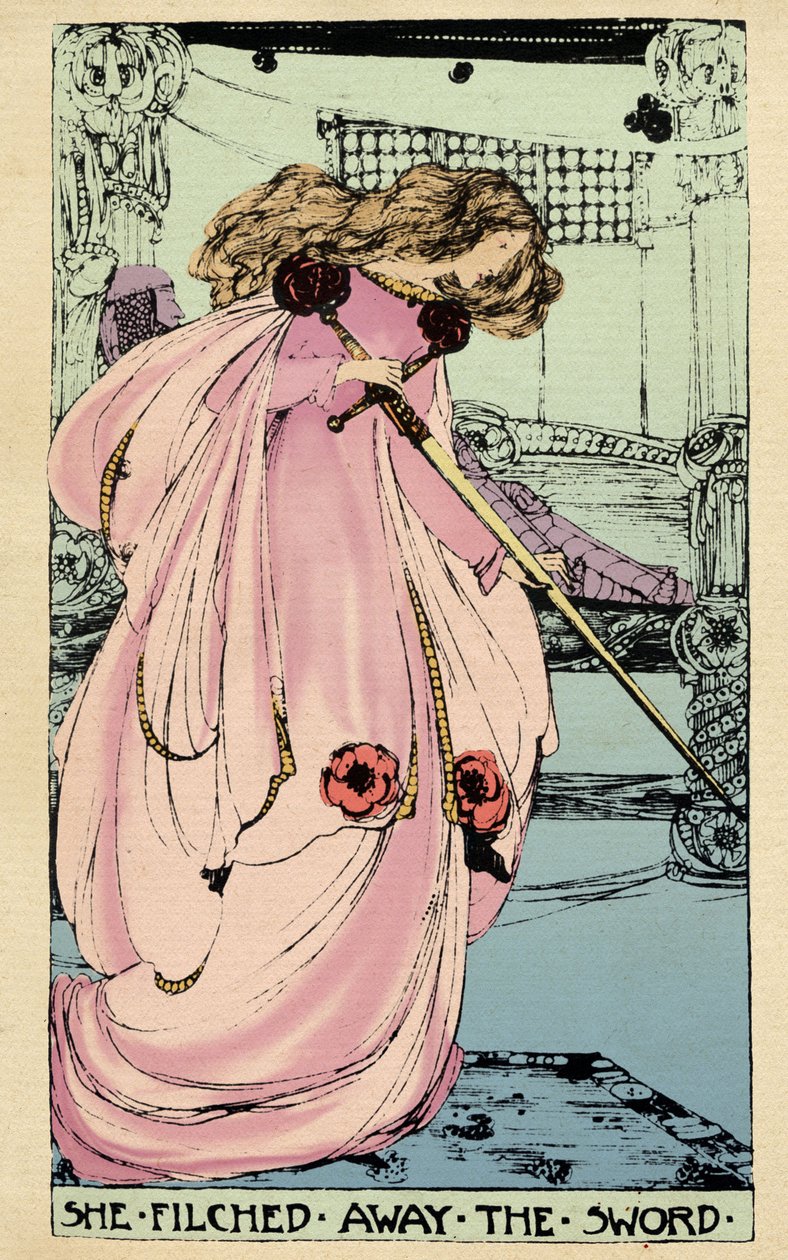 Fairy Morgane varastaa Excaliburin rakastajalleen käyttääkseen sitä kuningas Arthuria vastaan. Jessie Marion Kingin (1875-1949) kuvitus Sebastian Evansin (1830) kirjaan "Pyhän Graalin korkea historia, Perceval the Welsh, pyöreän pöydän ritari" tekijältä Jessie Marion King