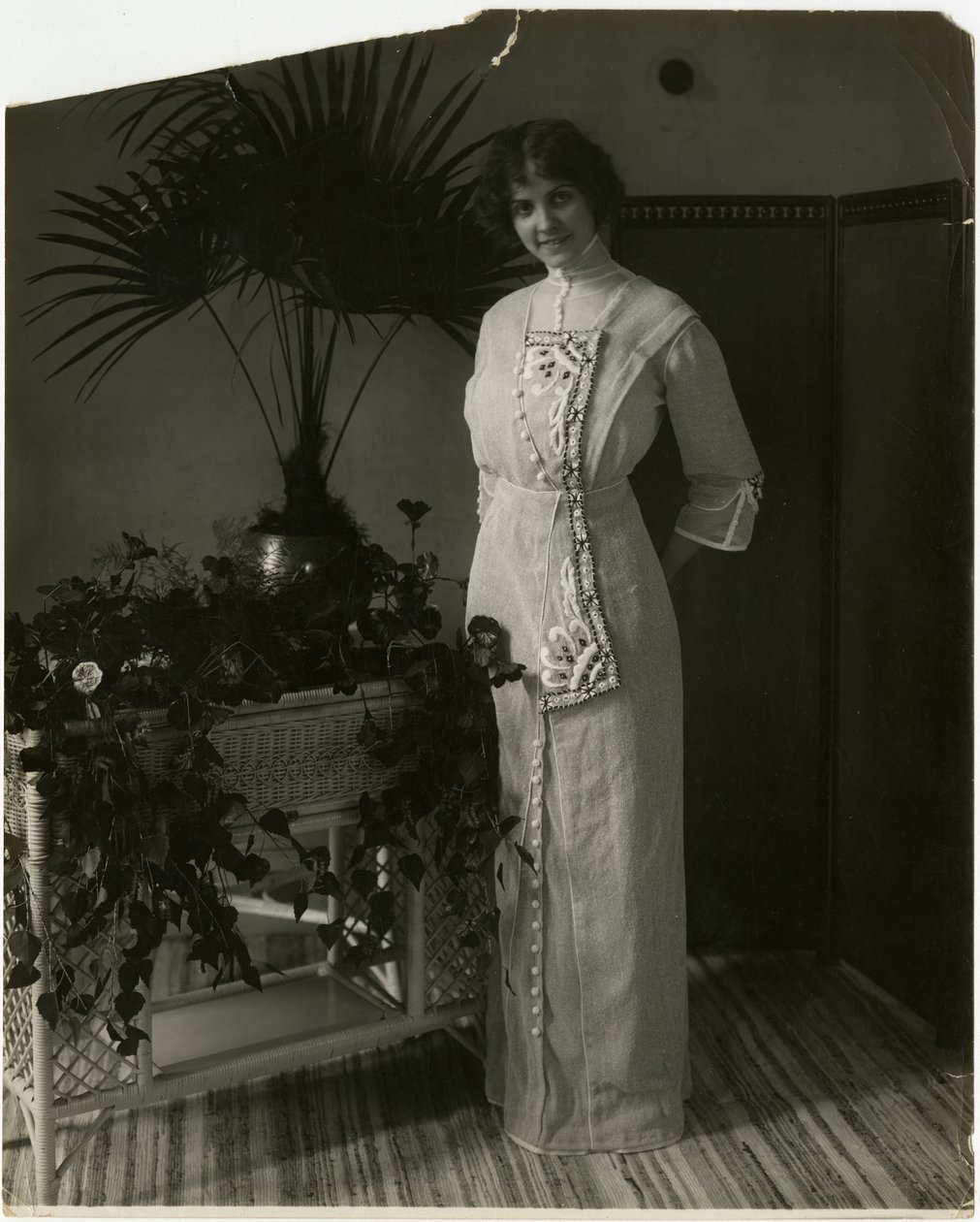 Harmaa turkkilainen materiaali mustavalkokirjonta, Lord & Taylor, n.1905-18 (gelatiinihopea kuva) tekijältä Jessie Tarbox Beals