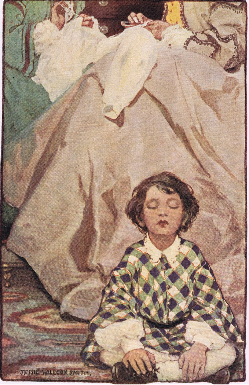 Lapsi istuu naisten kanssa ompelemassa, Robert Louis Stevensonin "Lasten jakeiden puutarhasta", julkaistu 1885 (värilitho) tekijältä Jessie Willcox Smith