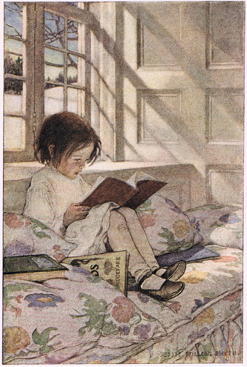 Tyttö lukee Robert Louis Stevensonin kirjaa A Child