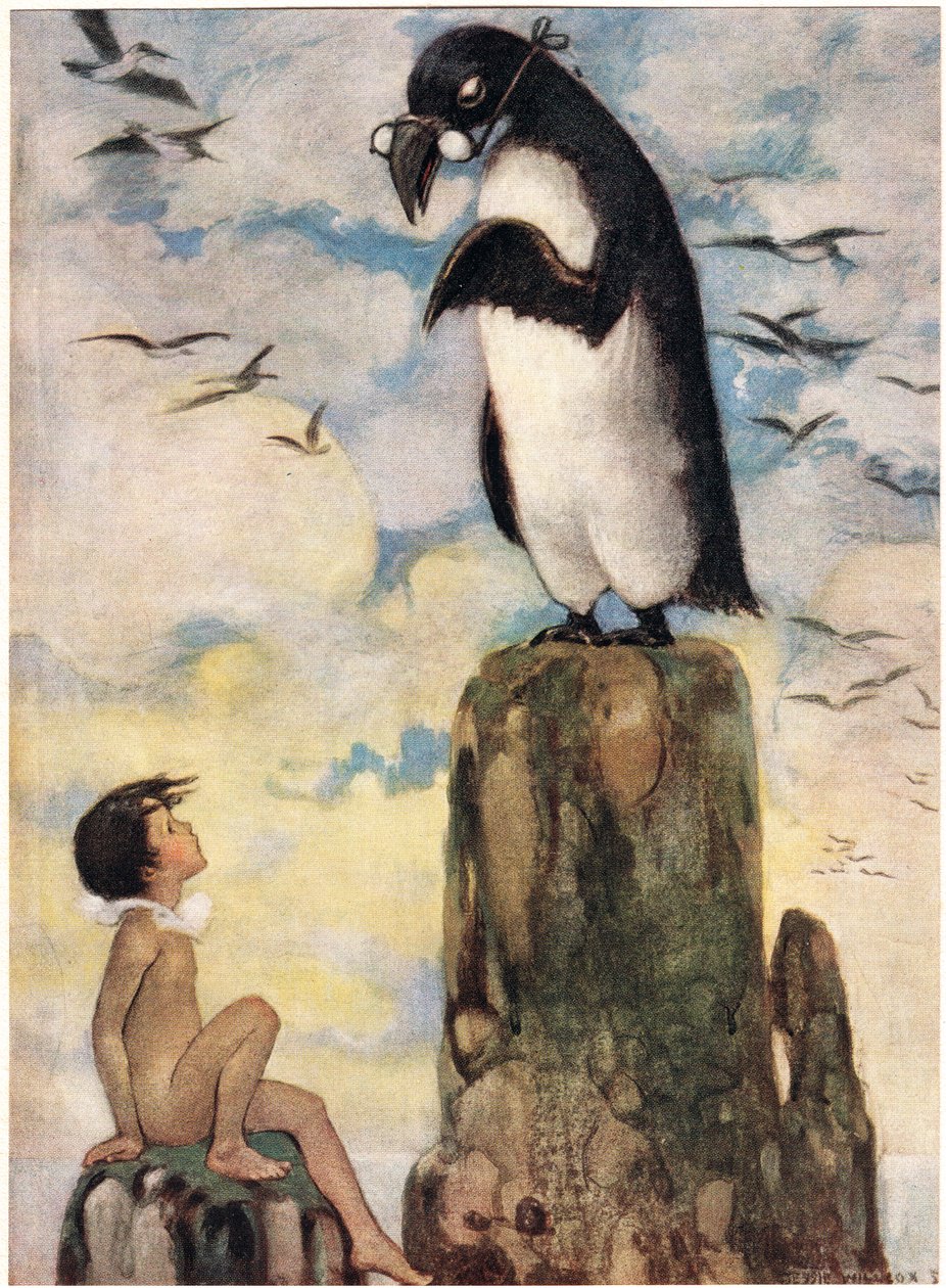 Ja siellä hän näki viimeisen Gairfowlin, kuvauksen pastori Charles Kingsleyn teoksesta "The Water Babies" (värilitho) tekijältä Jessie Willcox Smith