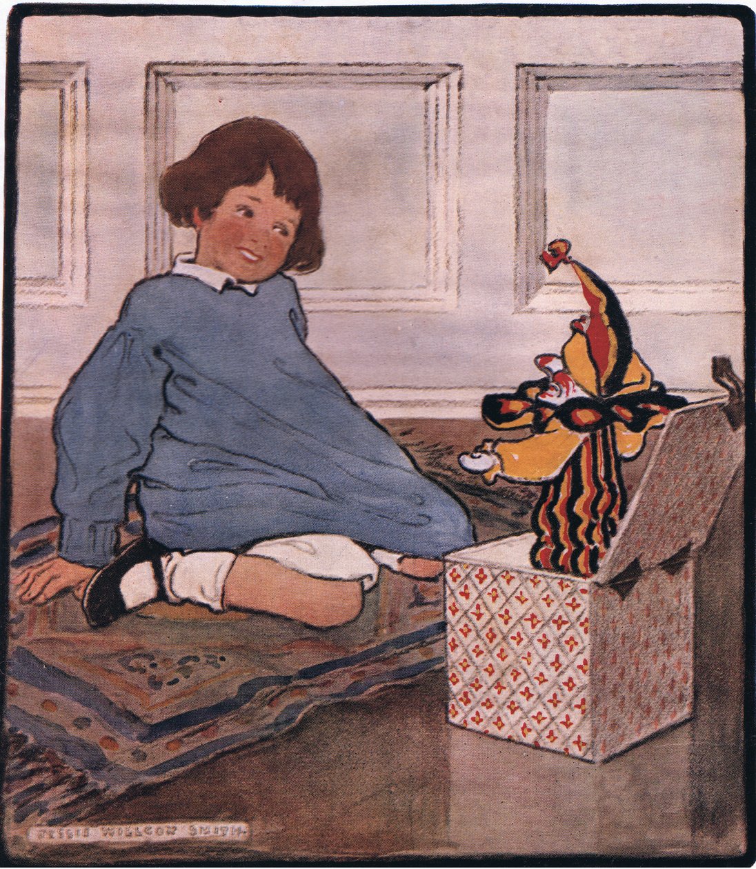 Pienestä pojasta lähtien hän ajatteli, kuinka hauskaa olisi, jos Jack ponnahtaa esiin ja huutaisi "Hei Frank!" (väri litho) tekijältä Jessie Willcox Smith