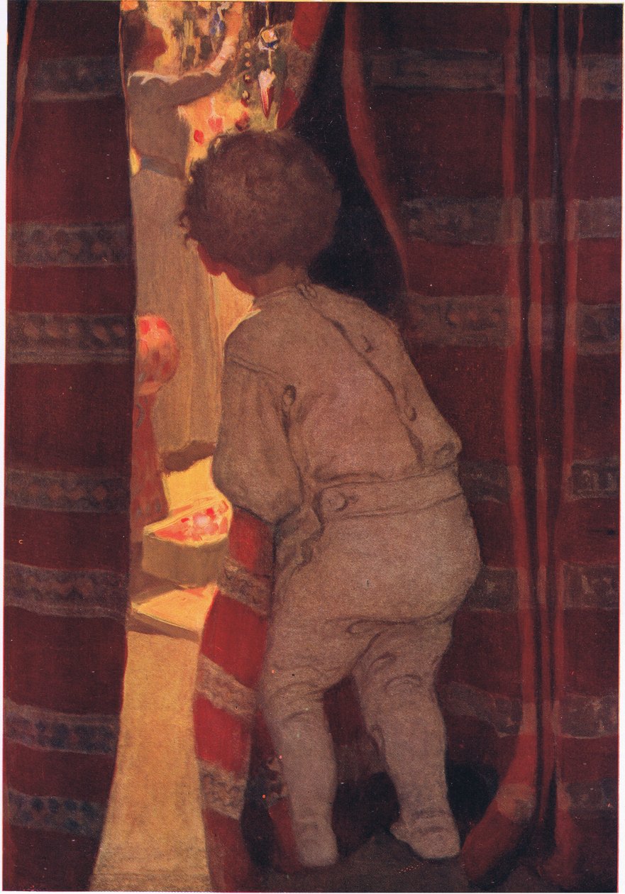 Hän hiipi alakertaan kurkistamaan saliin (väri litho) tekijältä Jessie Willcox Smith
