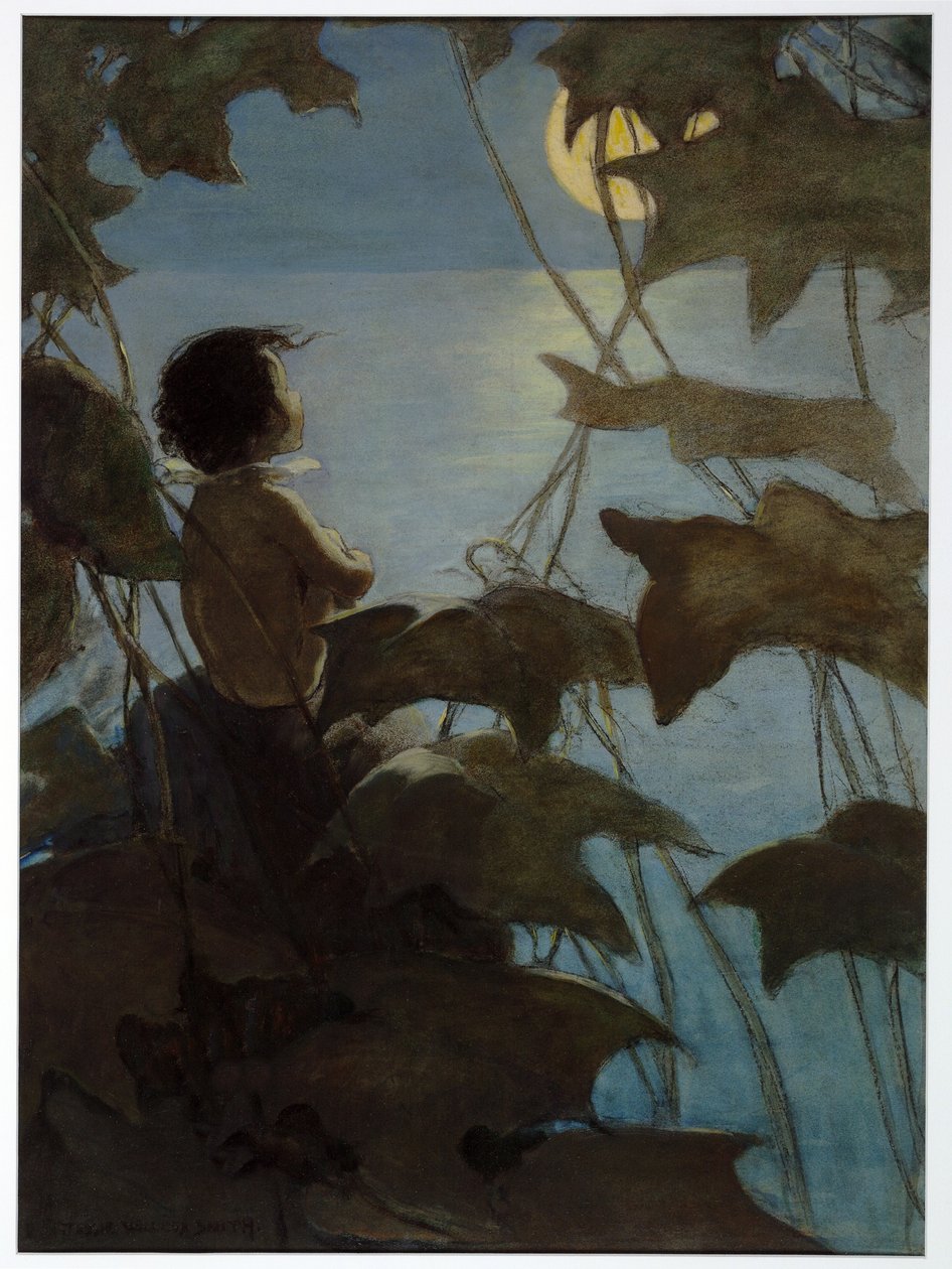 Hän katsoi leveää keltaista kuuta ja ajatteli, että tämä katsoi häntä Charles Kingsleyn pubista The Water Babiesista. 1916 (väri litho) tekijältä Jessie Willcox Smith