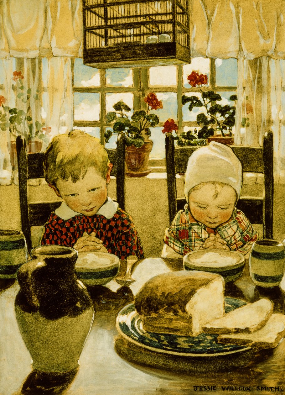 Rukoukset aamiaisella (akvarelli) tekijältä Jessie Willcox Smith