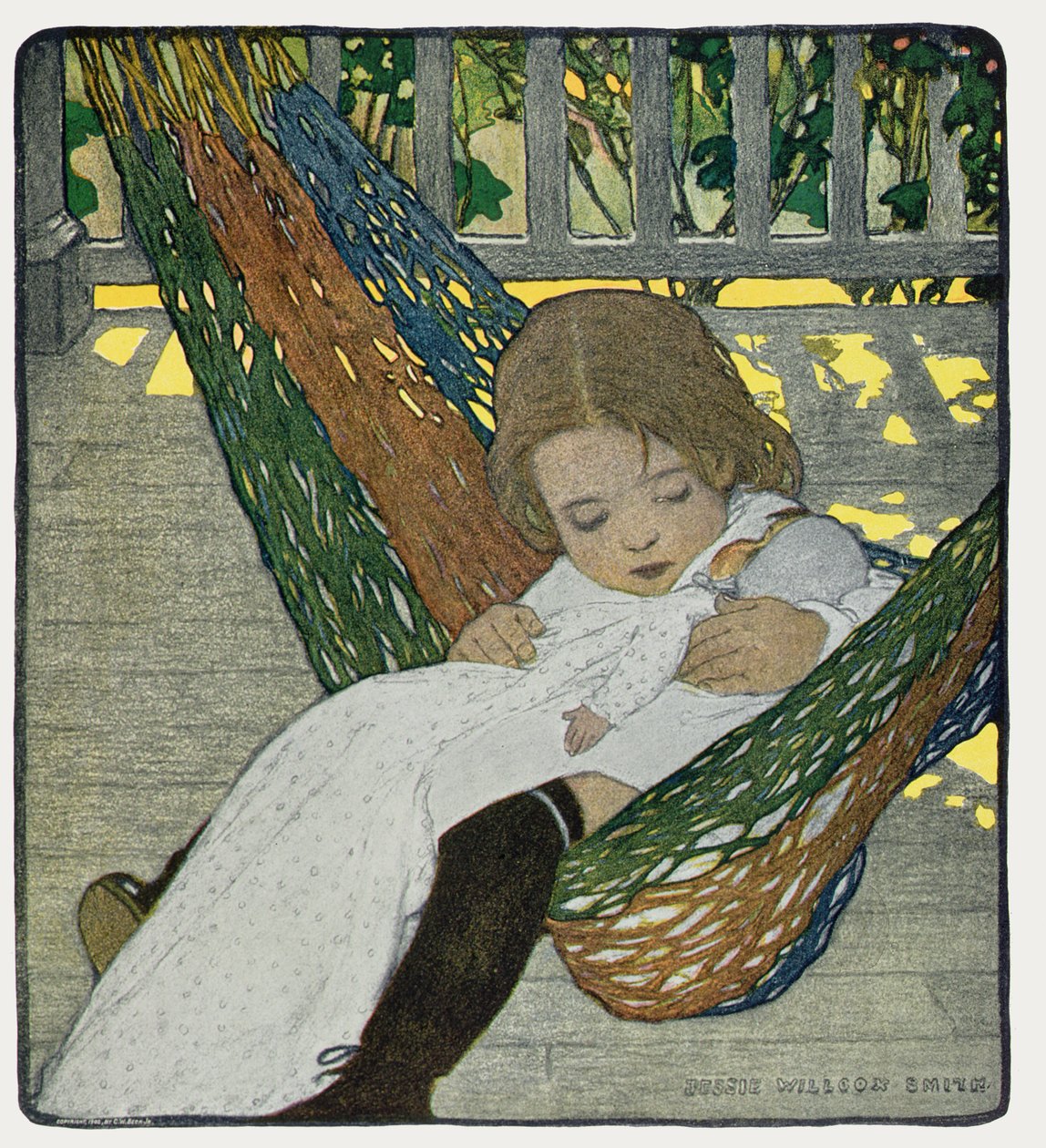 Keinuva vauvanukke nukkumaan tekijältä Jessie Willcox Smith