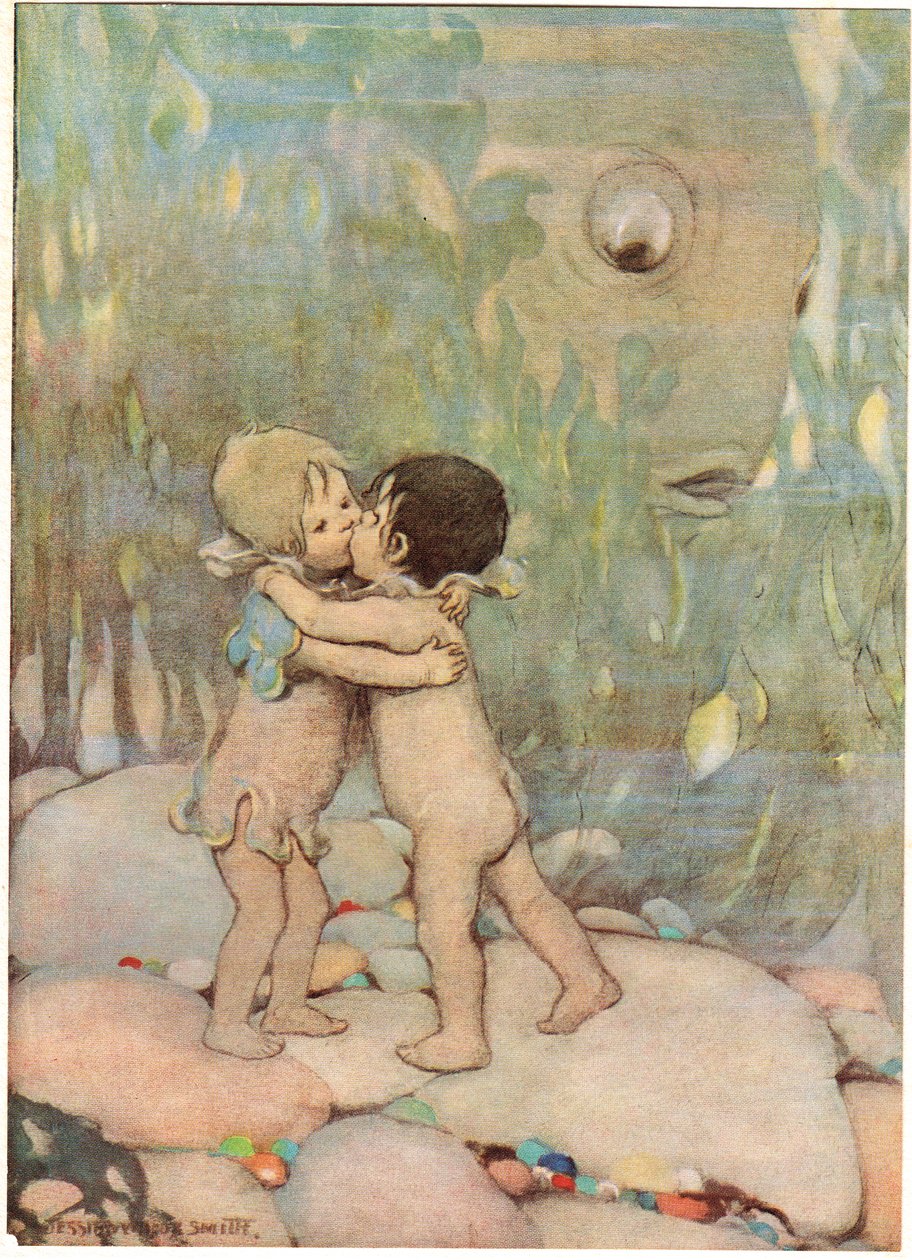 Tom ja Ellie, kuvitus pastori Charles Kingsleyn teoksesta The Water Babies (värilitho) tekijältä Jessie Willcox Smith